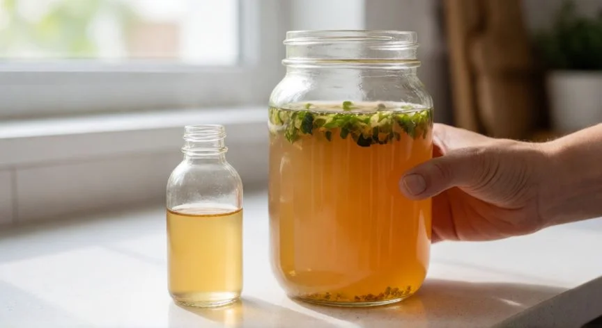 como hacer kombucha en casa desde cero, Manos añadiendo líquido madre de fermentación al frasco para hacer kombucha casera