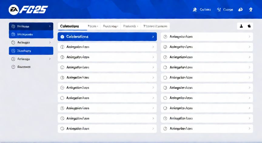 como hacer la celebracion de cada jugador en fc 25, Interfaz de menú de gestión de jugadores en EA Sports FC 25 mostrando opciones de celebración