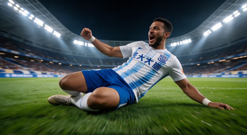 como hacer la celebracion de cada jugador en fc 26, Jugador de fútbol realizando una celebración de rodillas en el césped durante la noche