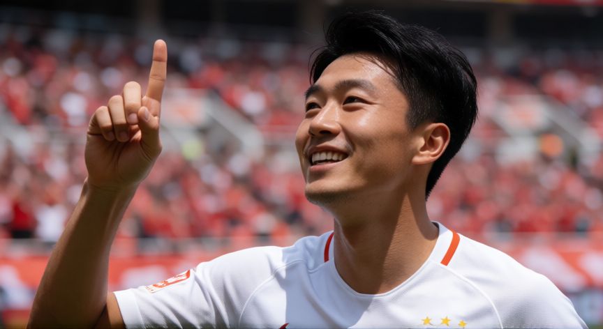 como hacer la celebracion de cada jugador en fc 26, Primer plano de jugador celebrando gol señalando al cielo con estadio de fondo