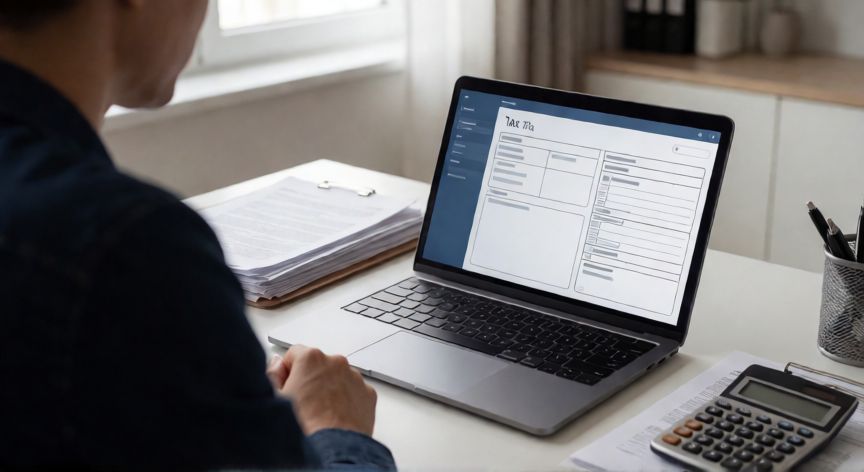 Persona revisando documentos de impuestos en su ordenador portátil