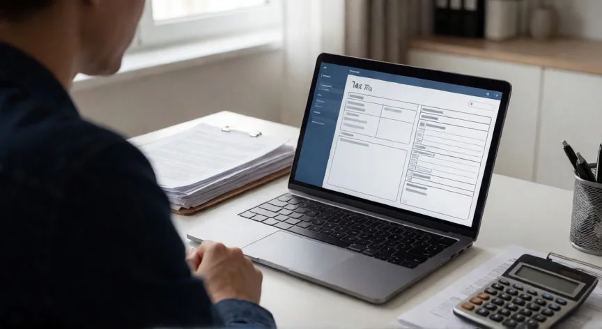 Persona revisando documentos de impuestos en su ordenador portátil