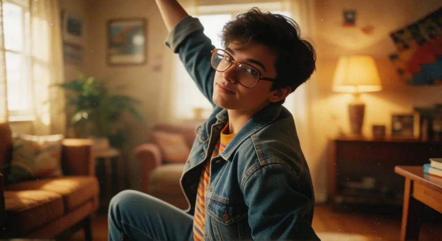 Persona haciendo la pose icónica de los años 80 con ropa retro