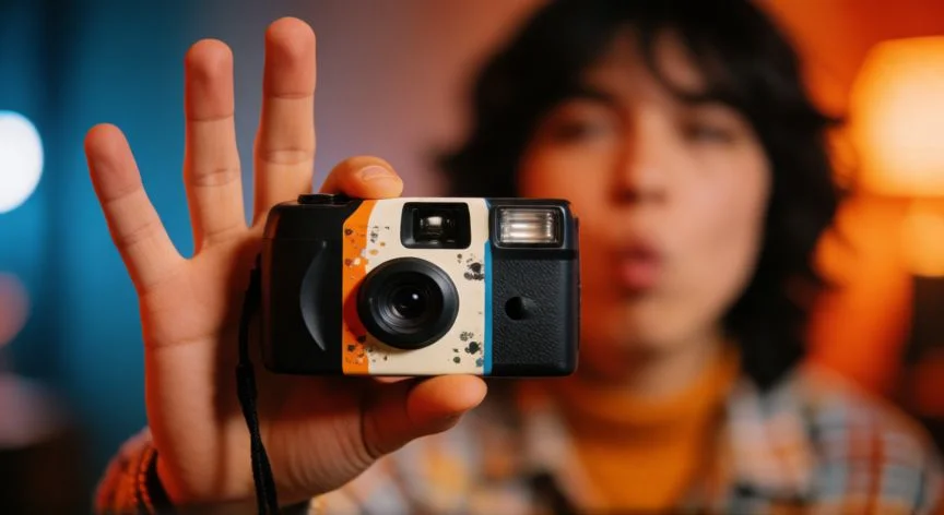 como hacer la foto de los 80, Detalle de cámara analógica y estilo fotográfico de los 80