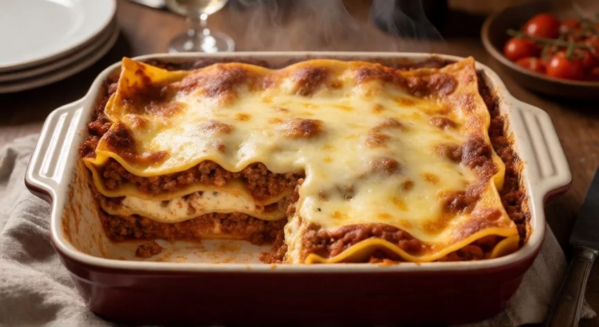 como hacer lasaña, Lasaña horneada dorada con capas visibles de ragù y bechamel
