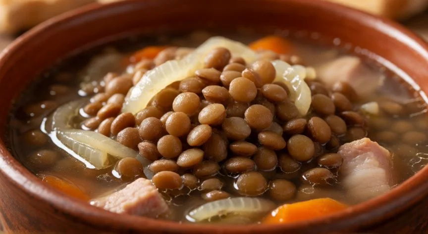 Bowl of traditional Spanish lentil stew with vegetables