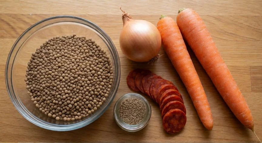 como hacer lentejas, Raw ingredients for preparing lentil soup on a wooden table