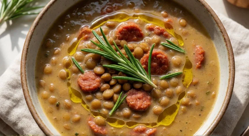 como hacer lentejas con chorizo, BOL DE LENTEJAS CON CHORIZO DECORADO CON ROMERO Y ACEITE