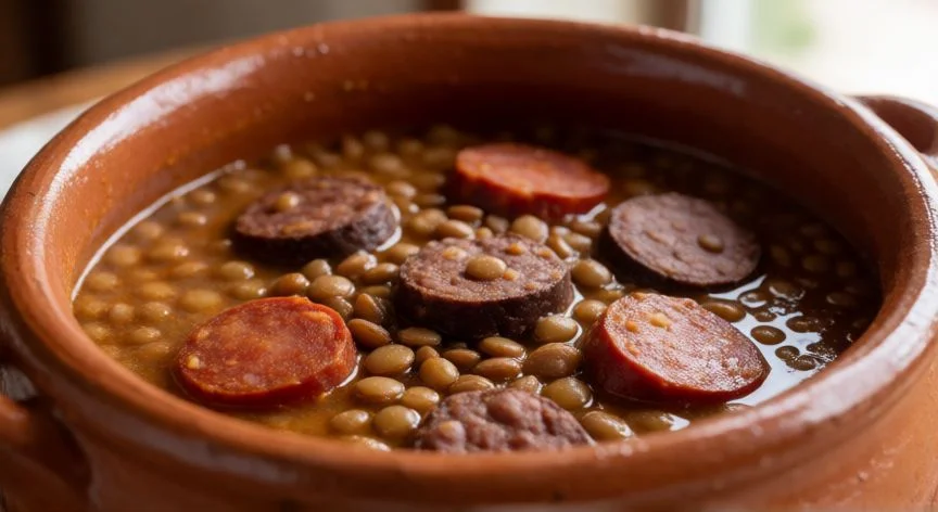 Cazuela de lentejas tradicionales con embutidos y caldo rico para Año Nuevo