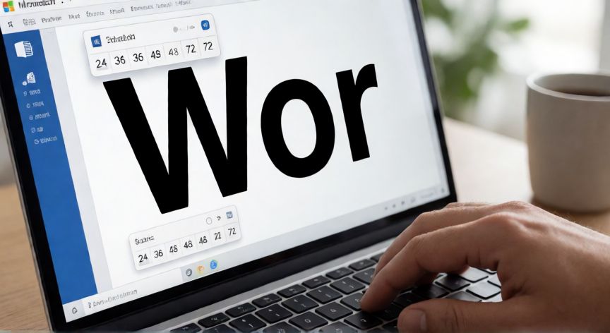 como hacer letras en word grandes, Pantalla de Word con texto de gran tamaño y desplegable de tamaños de fuente abierto