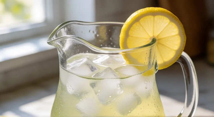 Jarra de limonada fresca con hielo y rodaja de limón