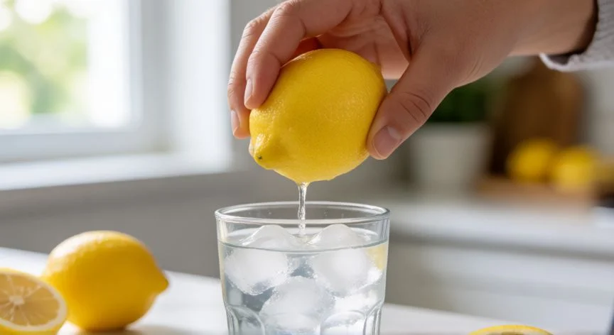 como hacer limonada, Manos exprimiendo limón fresco sobre un vaso de hielo