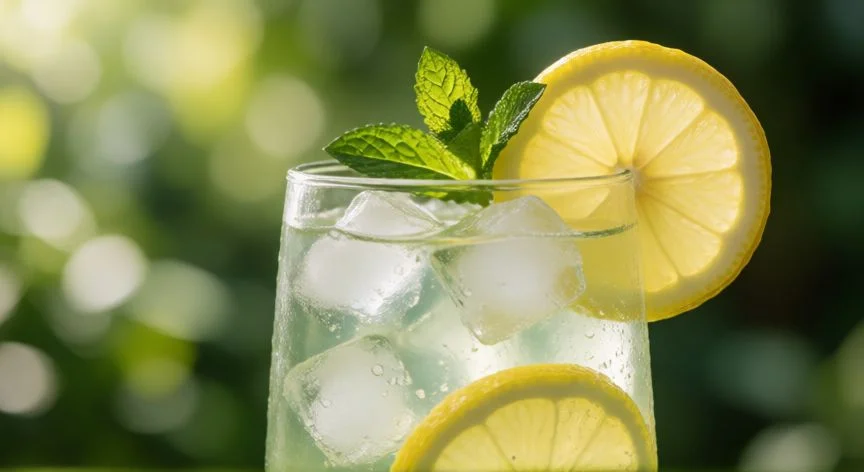 como hacer limonada casera, Vaso alto de limonada casera con hielo y rodaja de limón al aire libre