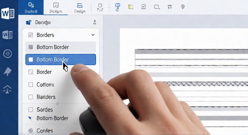 como hacer lineas en word y escribir sobre ellas, Pantalla de Word mostrando la selección de borde inferior en el menú de bordes