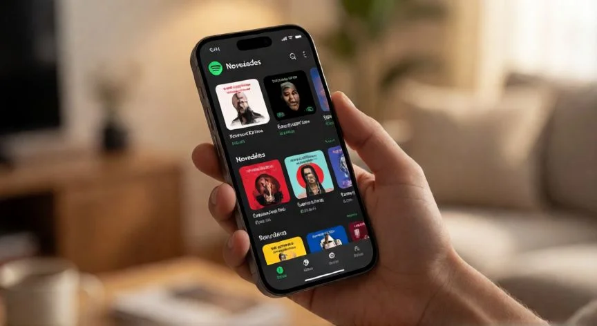 Pantalla de móvil mostrando la sección de novedades en Spotify