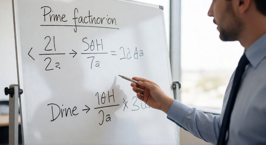 cómo hacer los divisores de cada número, Pizarra con descomposición en factores primos y cálculo del número de divisores