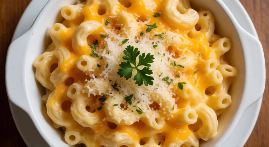 como hacer macarrones, Plato de macarrones con salsa cremosa de queso y hierbas frescas servido en cuenco blanco