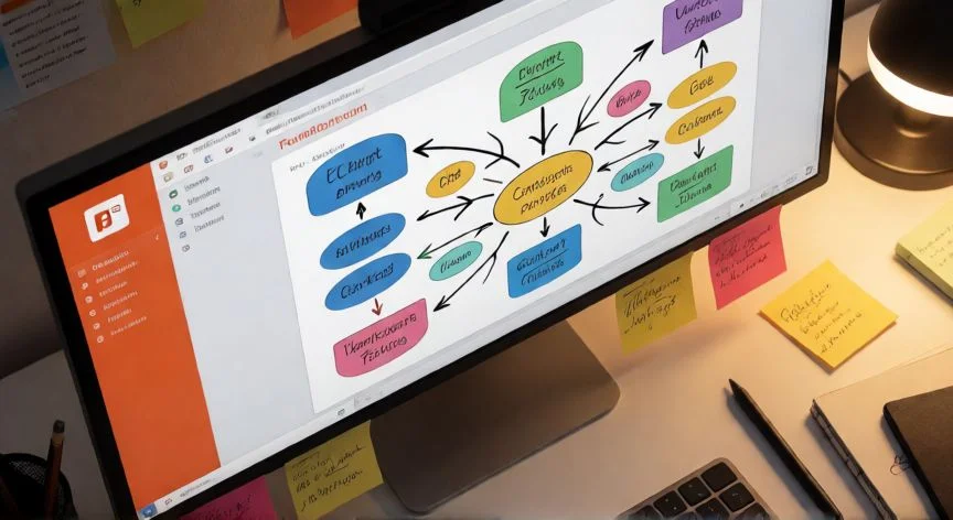 como hacer mapa conceptual en powerpoint, Pantalla de PowerPoint mostrando un mapa conceptual complejo con formas y conectores etiquetados en un escritorio de diseño