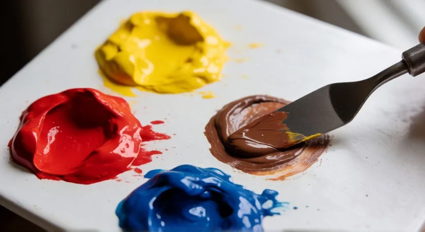Paleta con rojo, amarillo y azul mezclado con espátula formando marrón