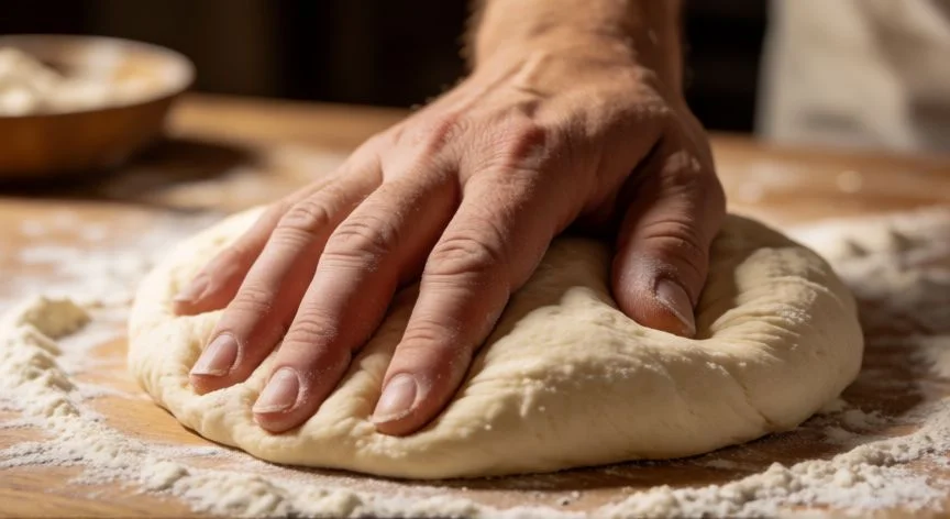Manos amasando masa de pizza artesanal sobre superficie de madera