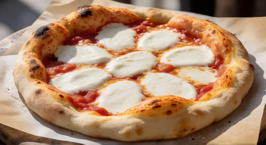 como hacer masa de pizza, Base de pizza estirada con bordes inflados y dorados