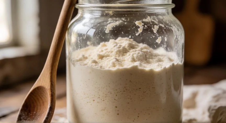 Tarro de cristal con masa madre al día 2, burbujas y goma marcadora en la cocina