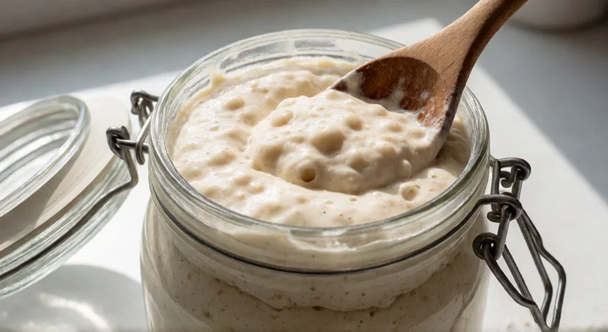 como hacer masa madre, Pan artesanal de masa madre con corteza crujiente junto al tarro del cultivo
