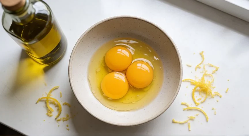 como hacer mayonesa, Ingredientes para hacer mayonesa: yemas de huevo, aceite de oliva y limón en una encimada blanca