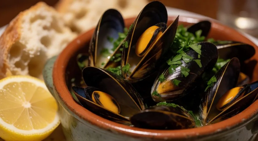 como hacer mejillones al vapor, Plato de mejillones al vapor con perejil fresco y limón