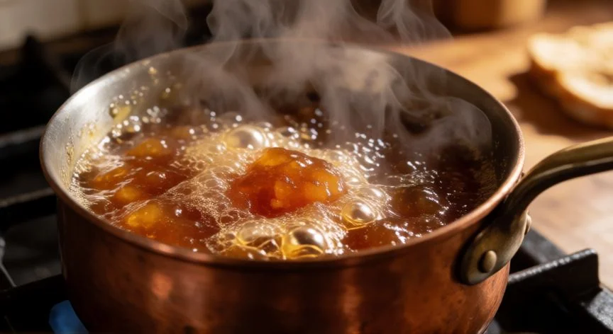 como hacer mermelada de higos, Olla de cobre con mermelada de higos hirviendo en la estufa