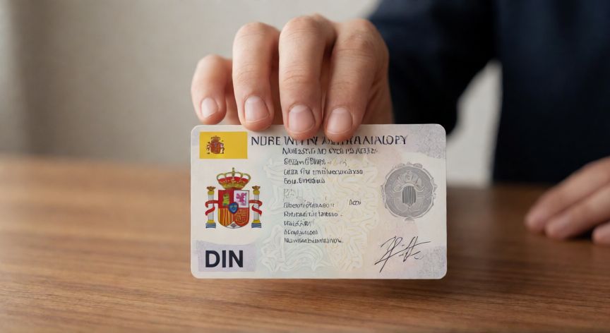 Persona mostrando su DNI español sobre una mesa de madera