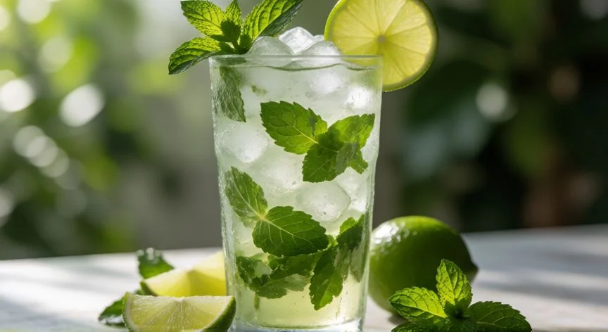 como hacer mojito, Ingredientes del mojito cubano sobre mesa de madera: lima, hierbabuena, azúcar y ron