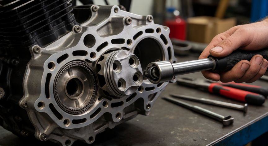 como hacer motor nuevo a moto 110, Vista cercana del ensamblaje de un motor de moto 110 con pistón nuevo