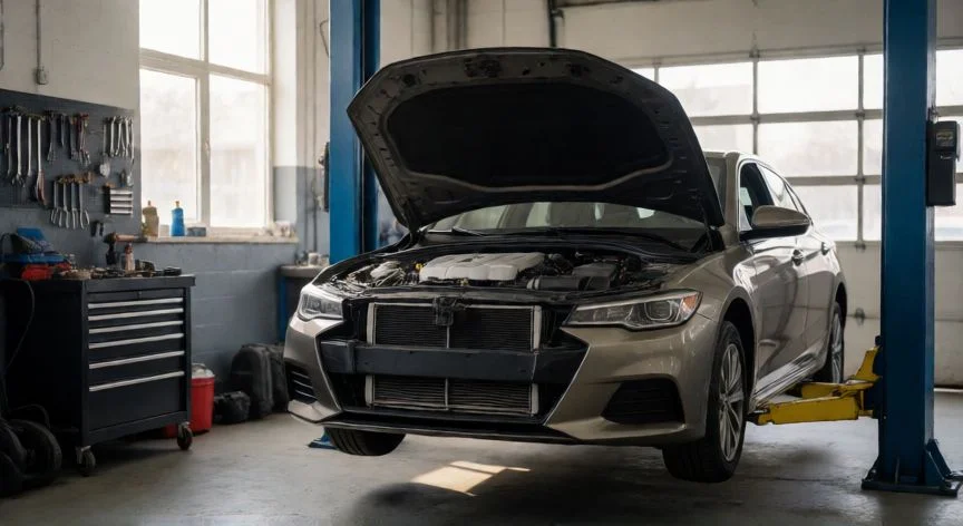Taller mecánico con un coche elevado listo para la sustitución del motor