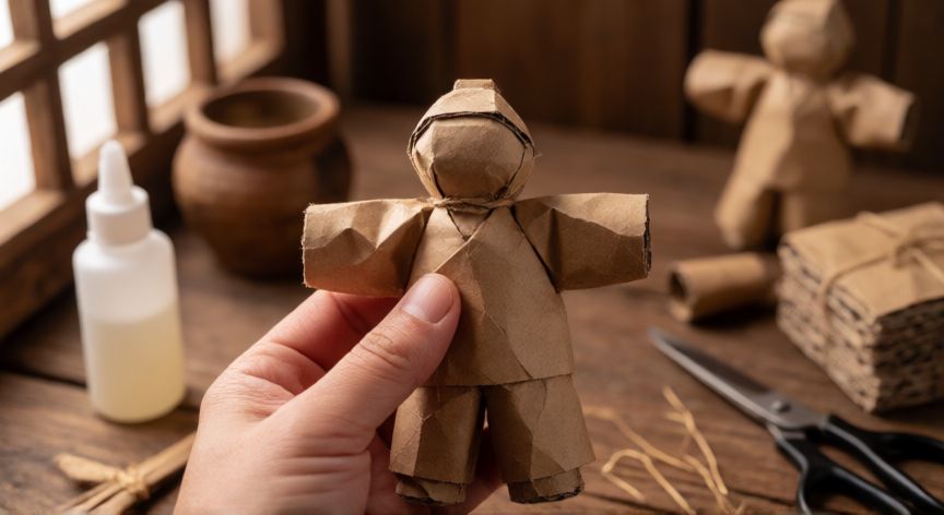 Manos elaborando un muñeco de año nuevo con cartón reciclado y papel kraft