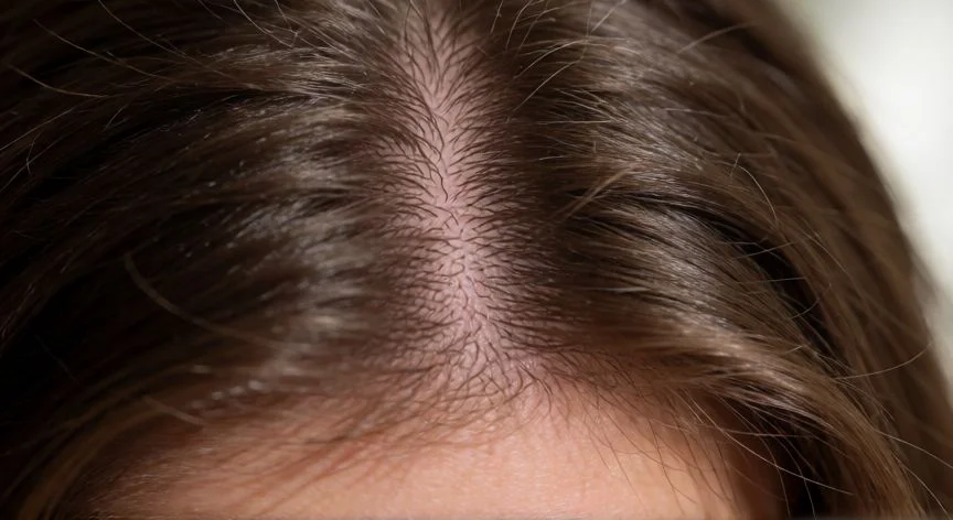 Detalle de cuero cabelludo sano con folículos pilosos activos y cabello nuevo naciendo