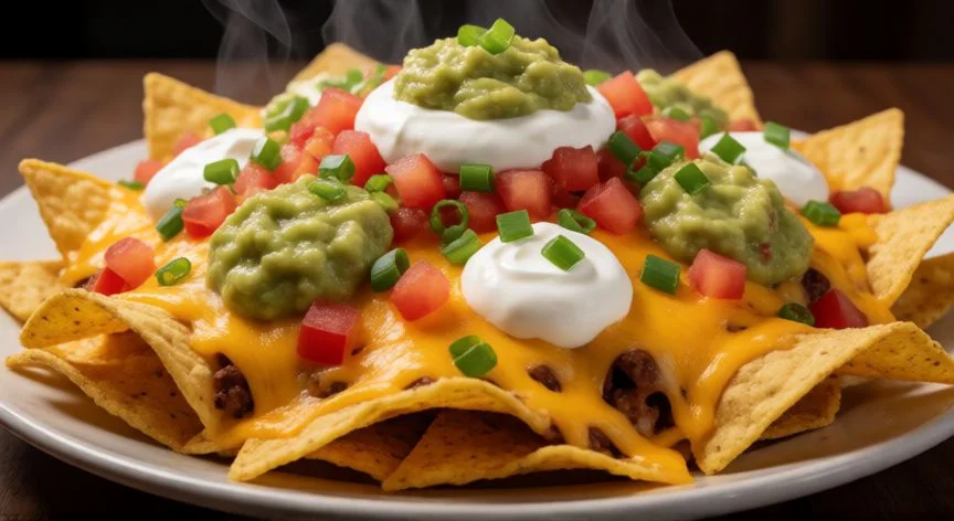 como hacer nachos caseros, Plato de nachos caseros con queso fundido, guacamole y toppings frescos