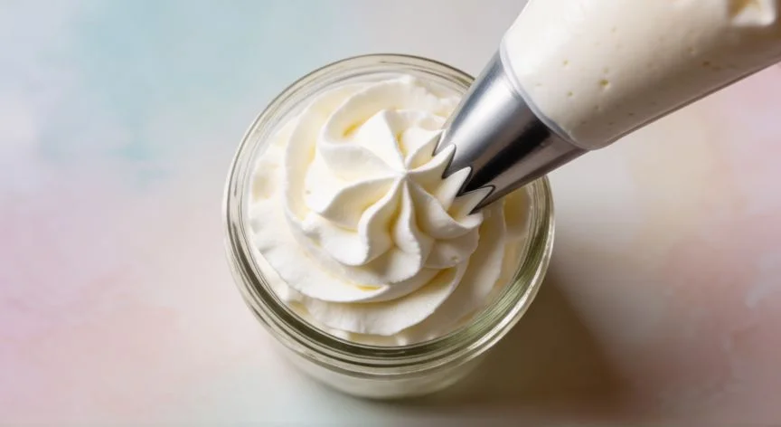 como hacer nata montada, Bolsa de repostería rellenando un frasco con nata montada esponjosa