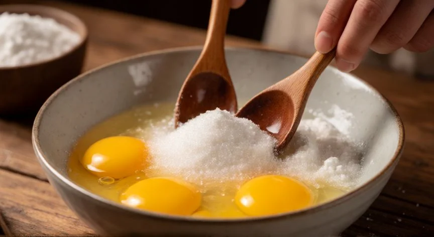 Mezcla de yemas de huevo, azúcar y maicena para preparar natillas caseras