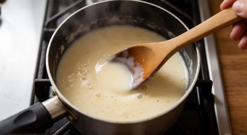 como hacer natillas caseras, Natillas caseras cociendo en un cazo con textura cremosa y burbujas suaves