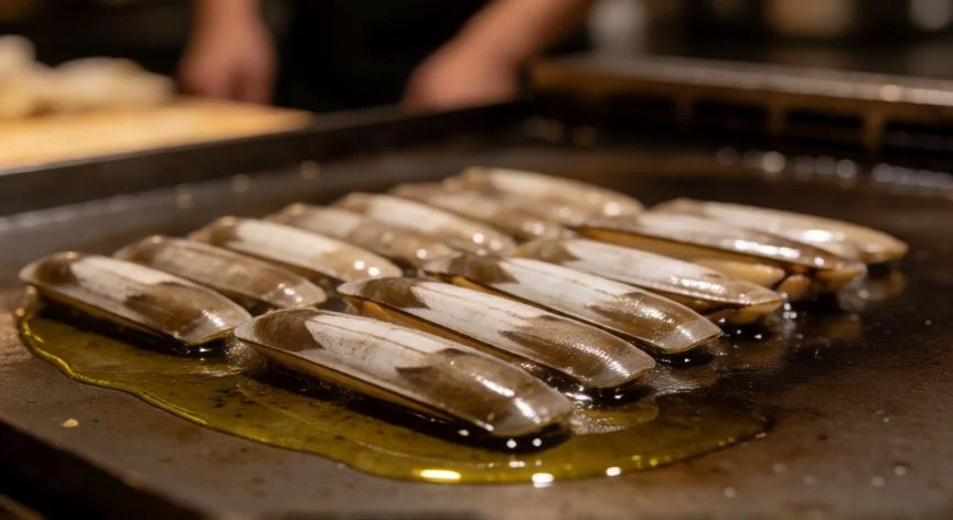 Navajas frescas comenzando a cocinarse en una plancha caliente