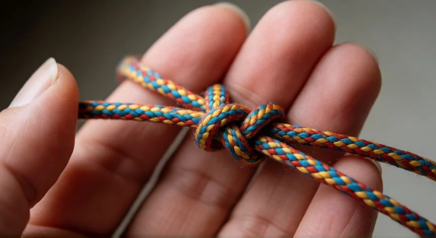 Manos atando un nudo corredizo con cuerda trenzada de colores