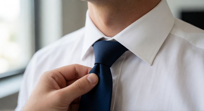 Manos atando un nudo de corbata Four in Hand sobre camisa blanca