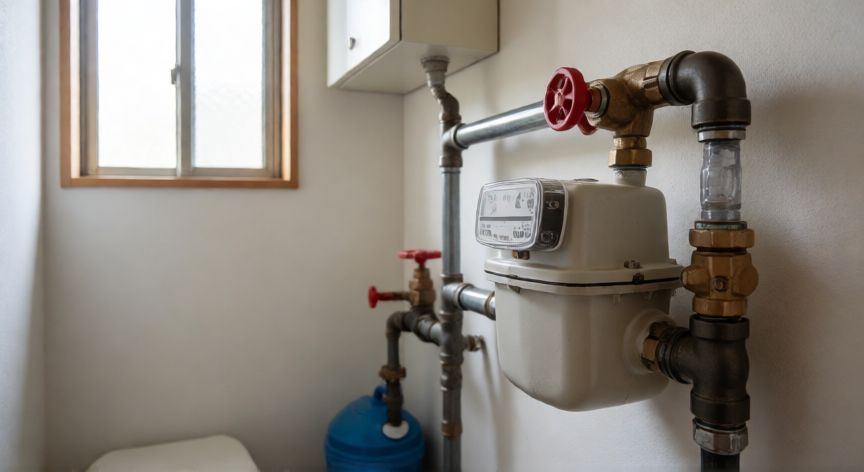 Vista cercana de un contador de agua instalado en una vivienda