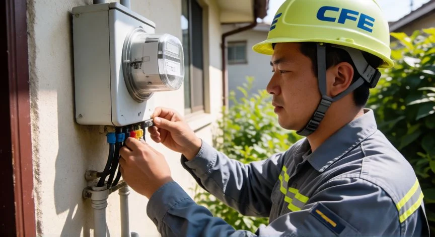 como hacer nuevo contrato en cfe, Técnico de CFE instalando medidor eléctrico en fachada de vivienda