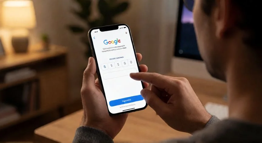 como hacer nuevo correo gmail, Persona introduciendo un código de verificación en su móvil para completar el registro