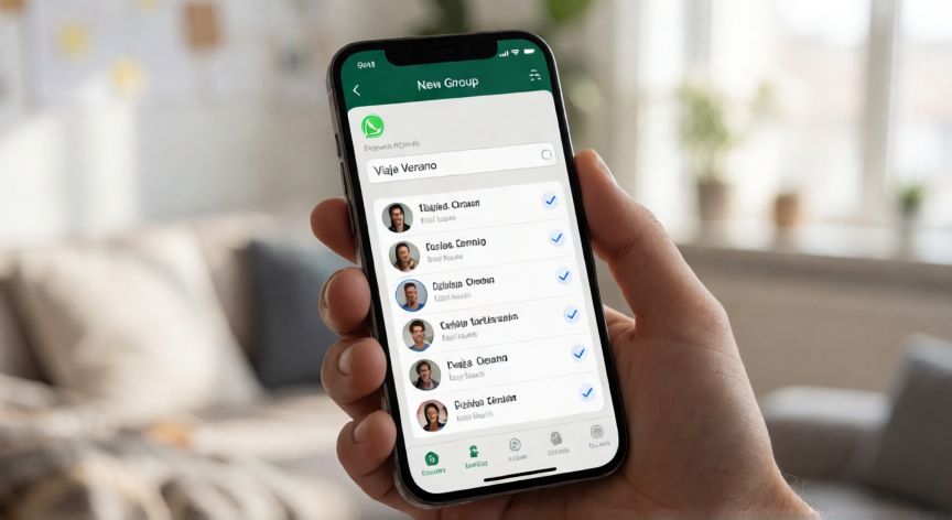Interfaz de WhatsApp en un móvil mostrando la creación de un nuevo grupo