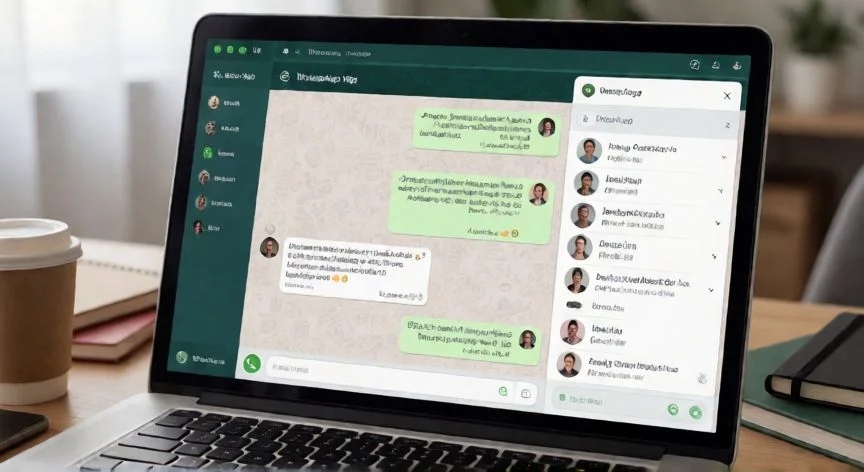 como hacer nuevo grupo de whatsapp, Pantalla de computadora mostrando WhatsApp Web para crear un grupo