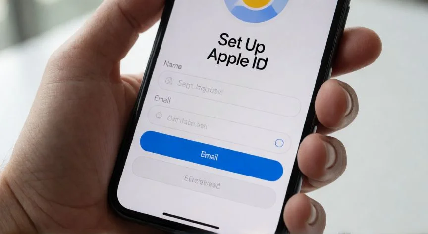 Pantalla de creación de cuenta ID de Apple en un iPhone mostrando campos de registro