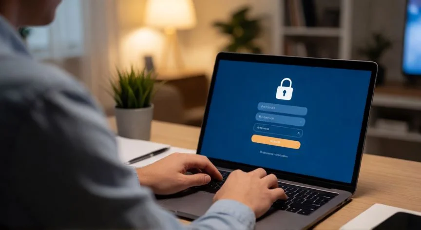 como hacer nuevo icloud, Usuario configurando la contraseña de su nueva cuenta en una laptop con iluminación cálida
